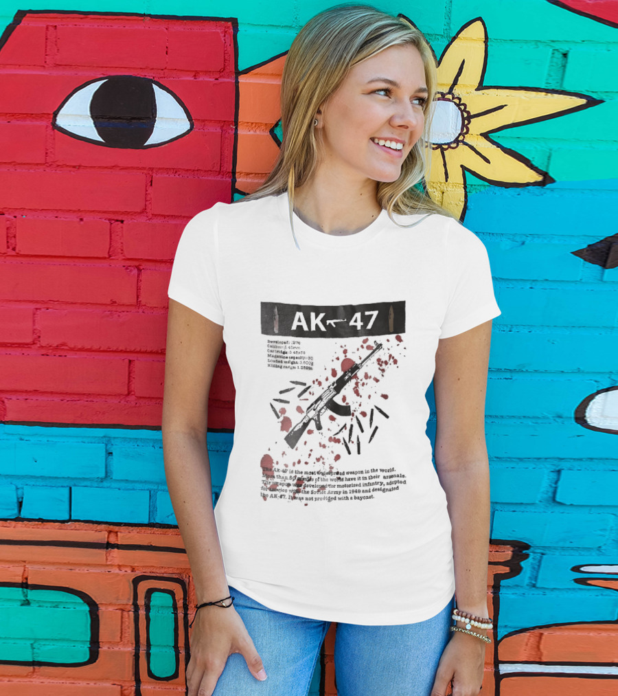 AK 47 1949 Rifle Sketch Red Blood Splatter Bullets Widespread Weapon Statistics T-Shirt