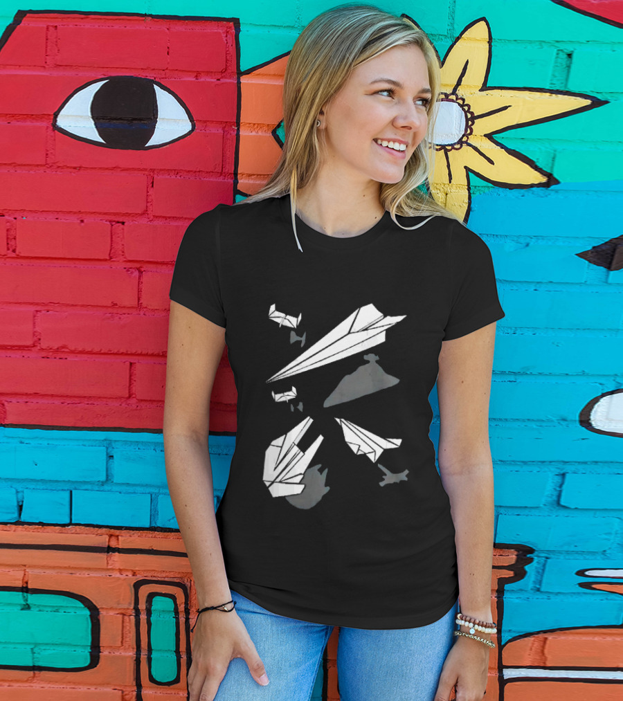 White Origami Paper Airplanes Star Wars Spaceship Shadow Illusions T-Shirt