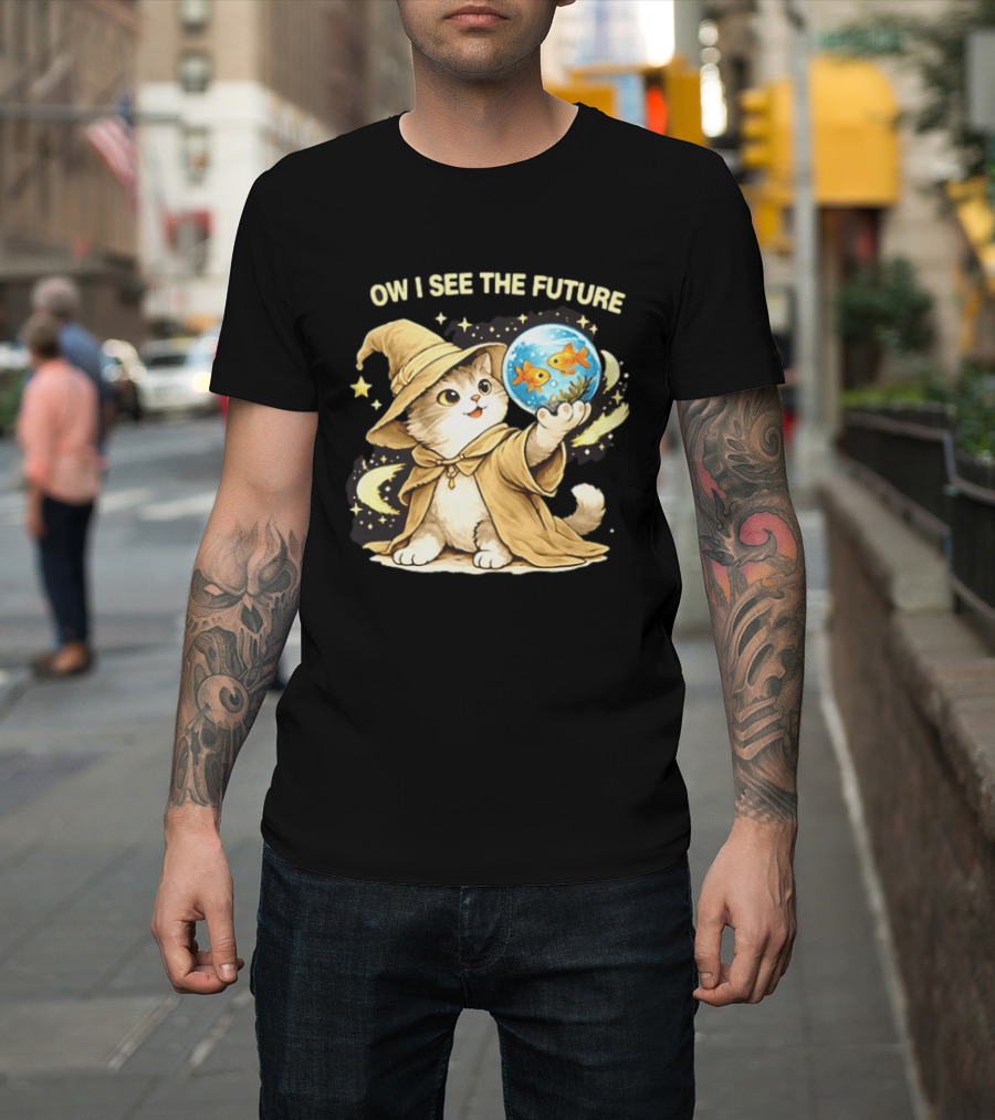 Wizard Cat Halloween Ow I See The Future Goldfish T-Shirt