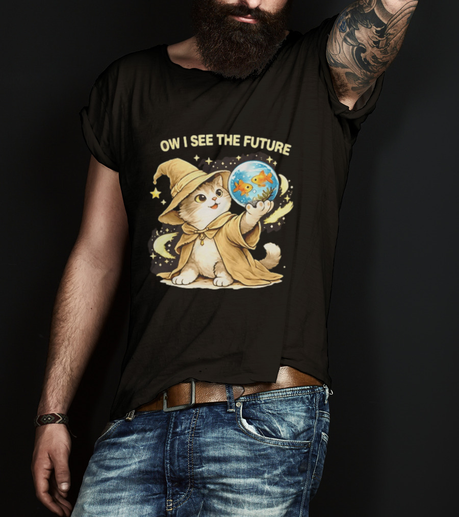 Wizard Cat Halloween Ow I See The Future Goldfish T-Shirt