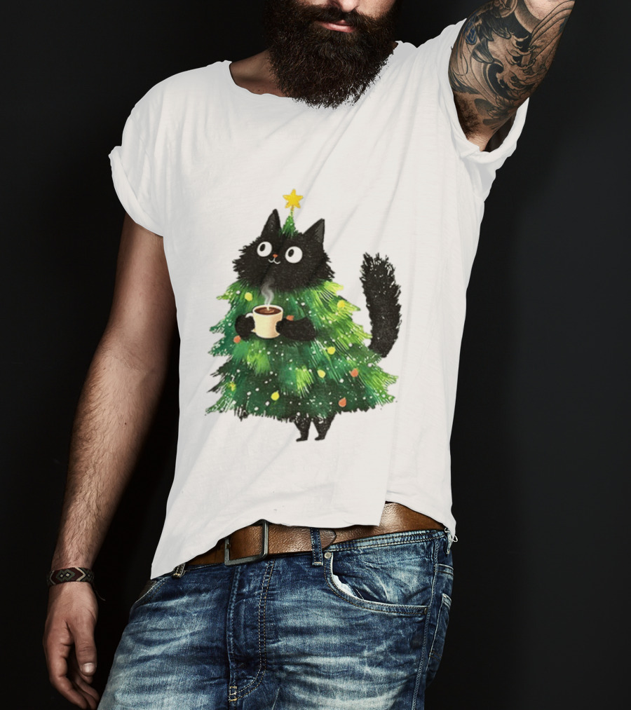 Black Cat Christmas Tree With Hot Coffee Cup T-Shirt