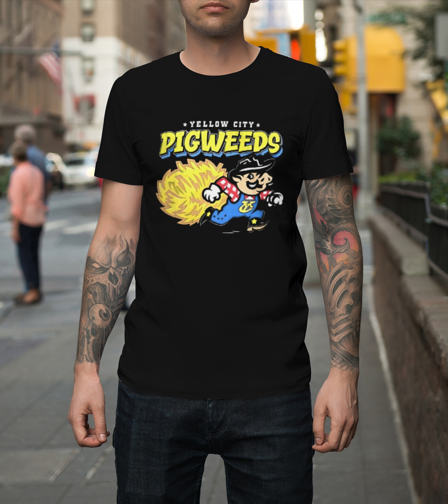 Yellow City Pigweeds Cartoon Cowboy Overalls Tumbleweed Running T-Shirt