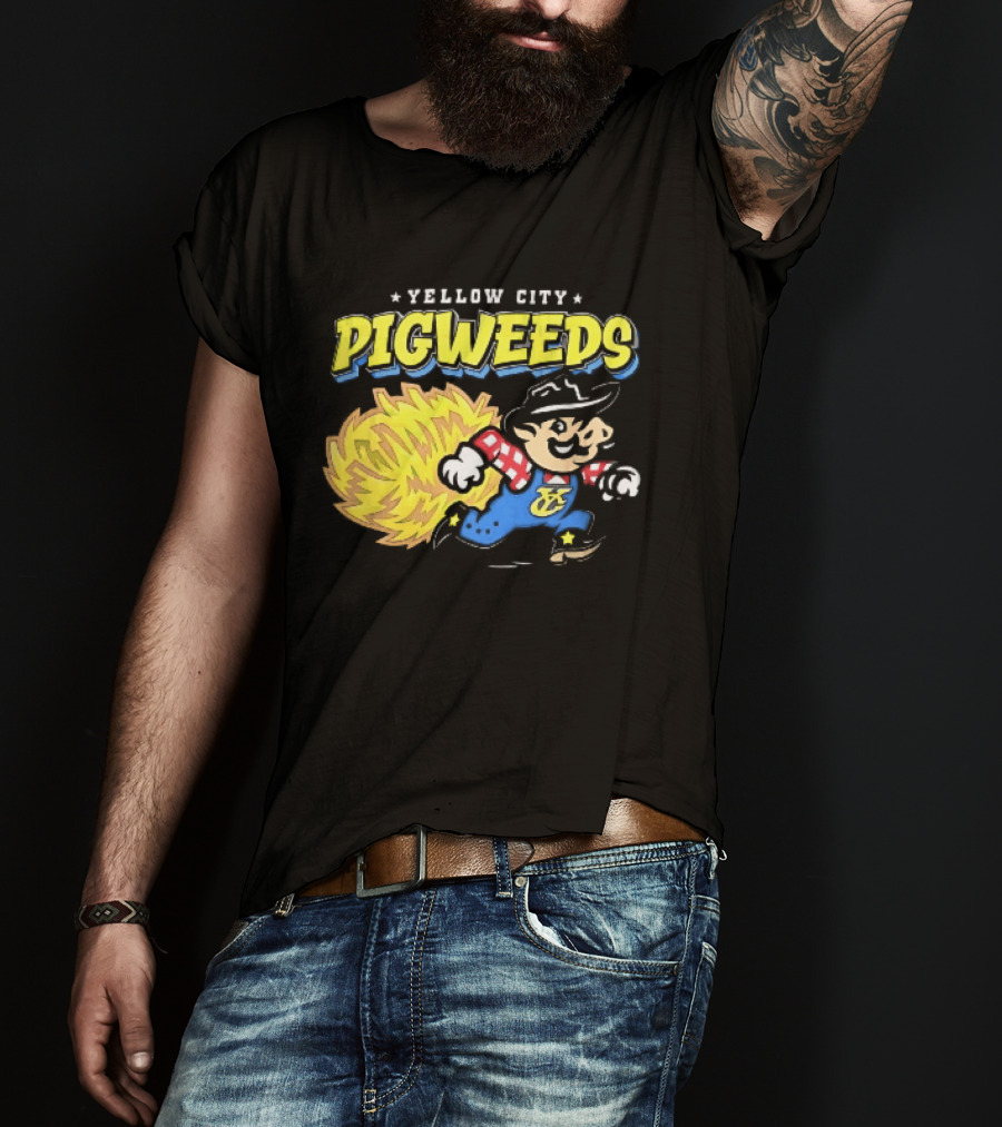 Yellow City Pigweeds Cartoon Cowboy Overalls Tumbleweed Running T-Shirt