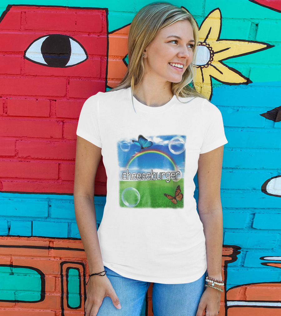 Cheeseburger Pixel Text Rainbow Butterflies Floating Bubbles T-Shirt