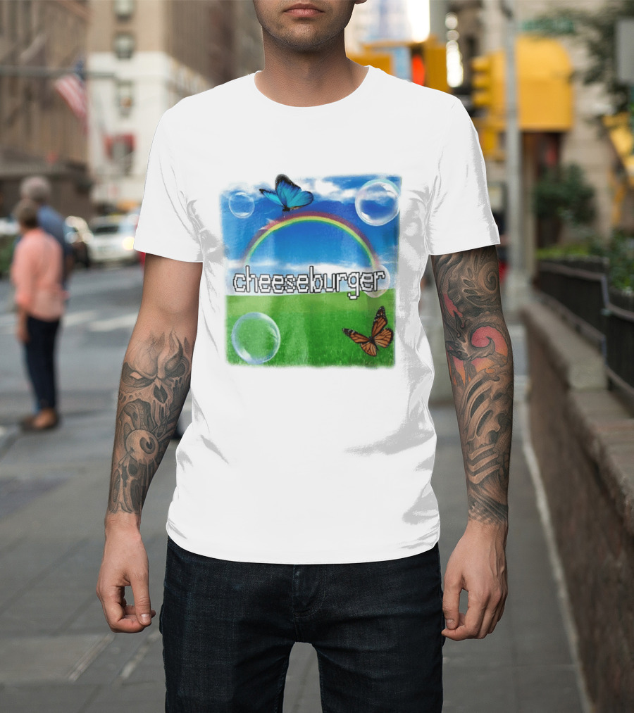 Cheeseburger Pixel Text Rainbow Butterflies Floating Bubbles T-Shirt