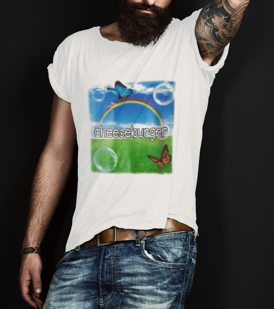 Cheeseburger Pixel Text Rainbow Butterflies Floating Bubbles T-Shirt