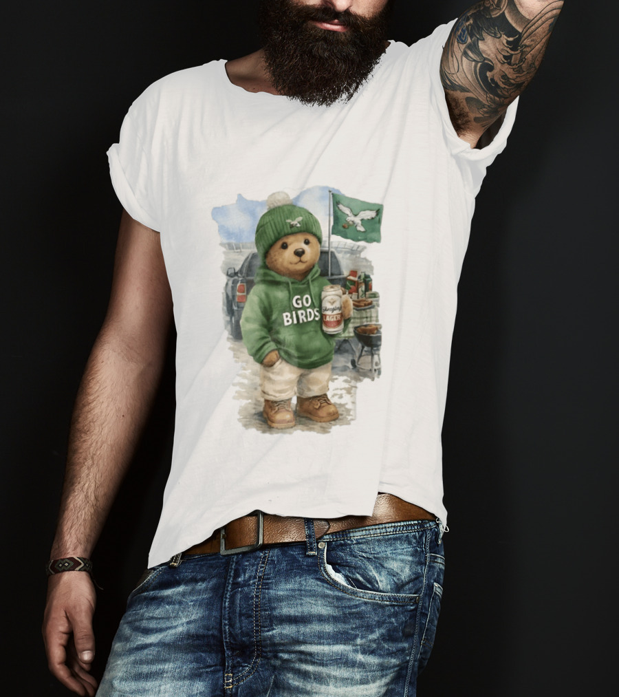Philadelphia Eagles Go Birds Yuengling Lager Tailgate Teddy Bear Watercolor Truck Scene T-Shirt
