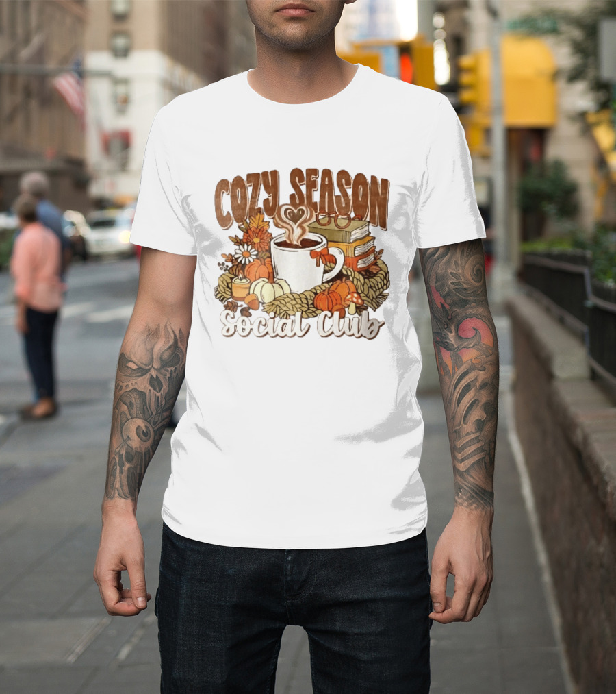 Cozy Season Social Club Coffee Books Pumpkins Knitted Blanket Autumn Vibes T-Shirt