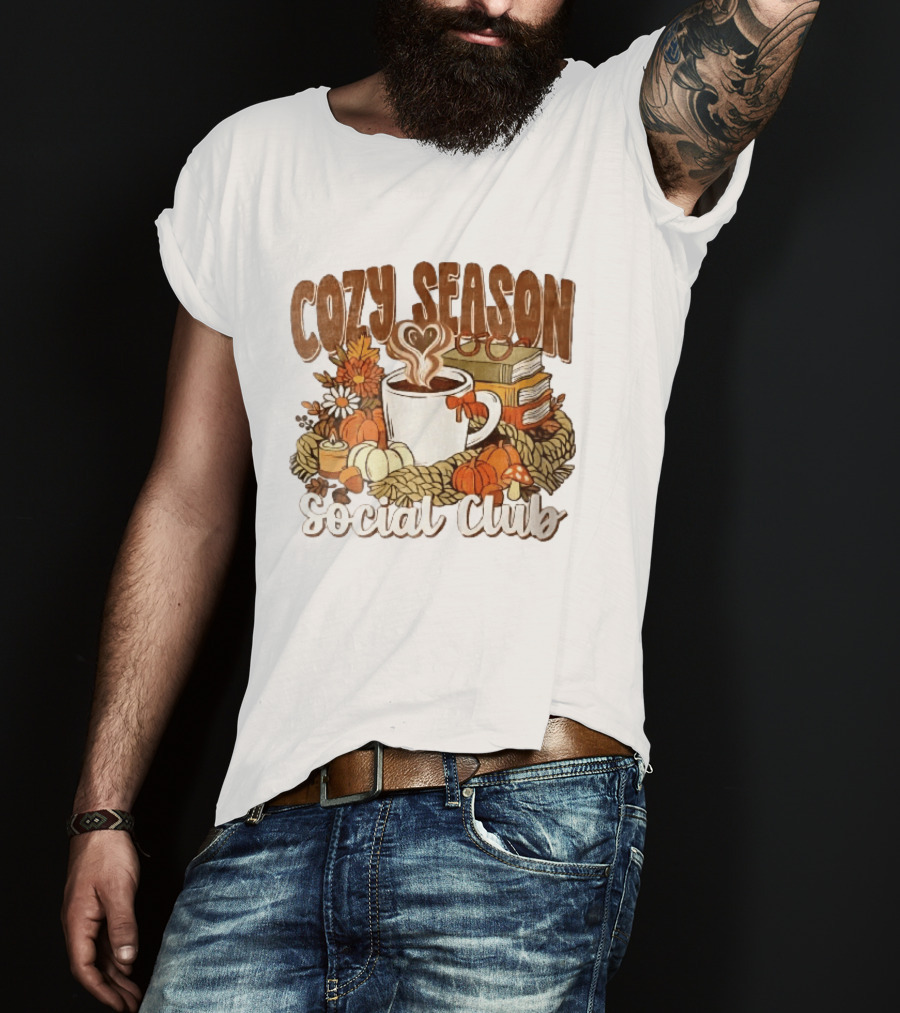 Cozy Season Social Club Coffee Books Pumpkins Knitted Blanket Autumn Vibes T-Shirt