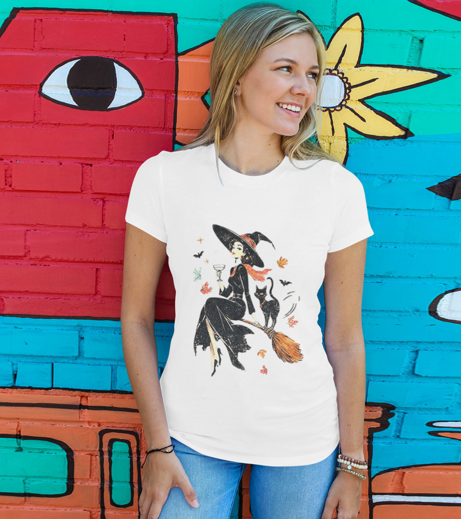 Witch Cat Ringer Spooky Fall Pumpkin Halloween Vintage Witch And Black Cat On Broomstick With Coffee Cup And Autumn Leaves T-Shirt