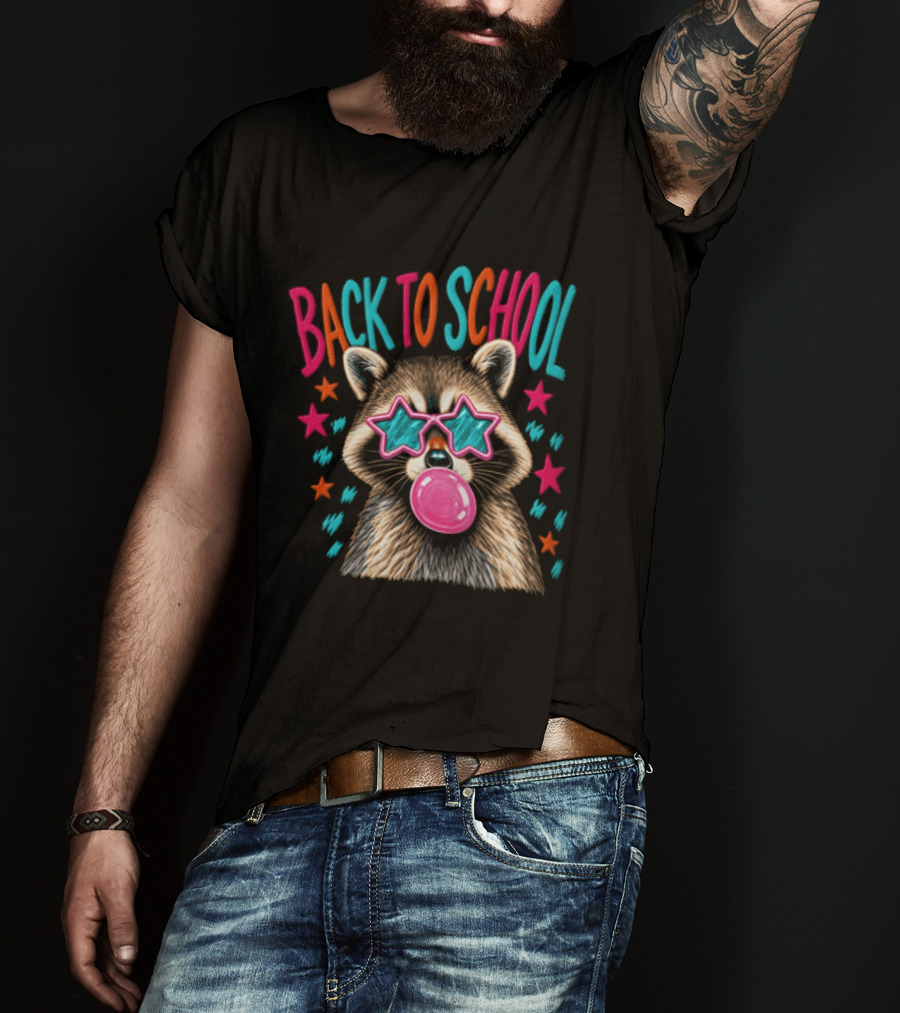 Back To School Raccoon Bubble Gum Star Sunglasses Fun Fashion T-Shirt