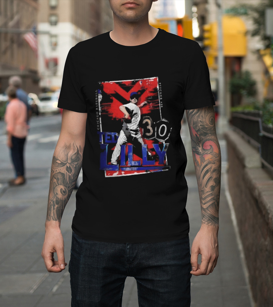 Chicago Baseball MLB Pitcher Ted Lilly 30 Distressed Red Black Collage Throwing Photo T-Shirt