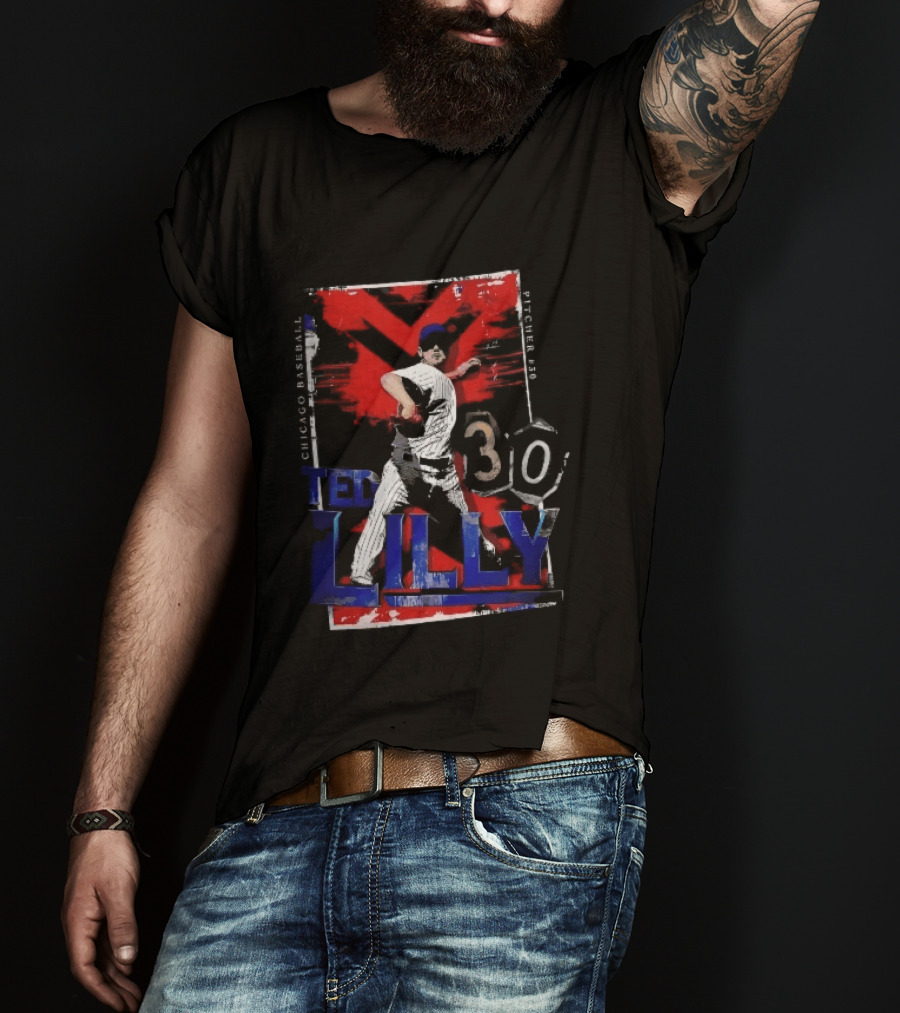 Chicago Baseball MLB Pitcher Ted Lilly 30 Distressed Red Black Collage Throwing Photo T-Shirt