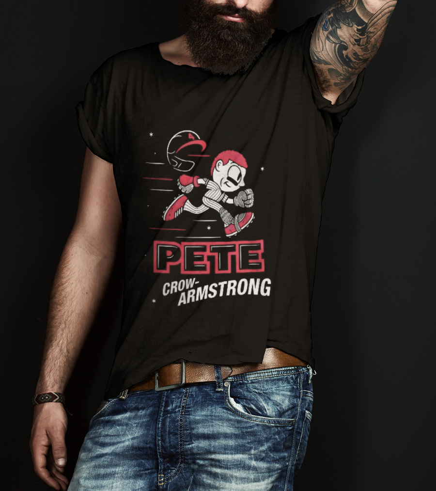 Chicago Cubs MLB Pete Crow Armstrong Cartoon Caricature Running Baseball Player Flying Helmet Stars T-Shirt