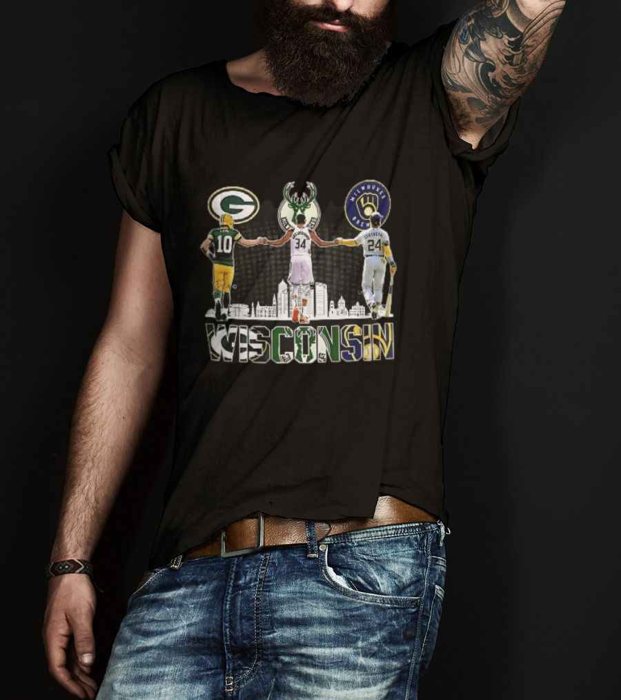 Green Bay Packers Milwaukee Bucks Brewers Wisconsin Antetokounmpo Contreras Love Skyline T-Shirt