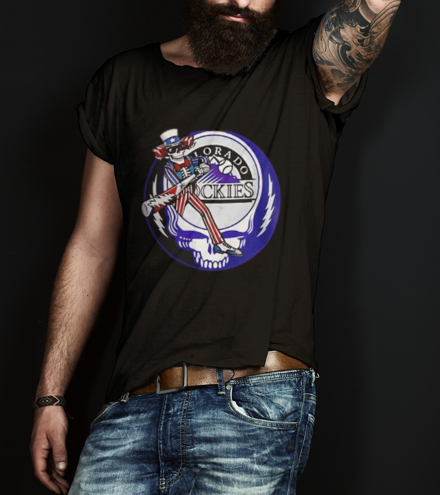 Colorado Rockies Grateful Dead Uncle Sam Skeleton Batting Lightning Stealie Skull T-Shirt