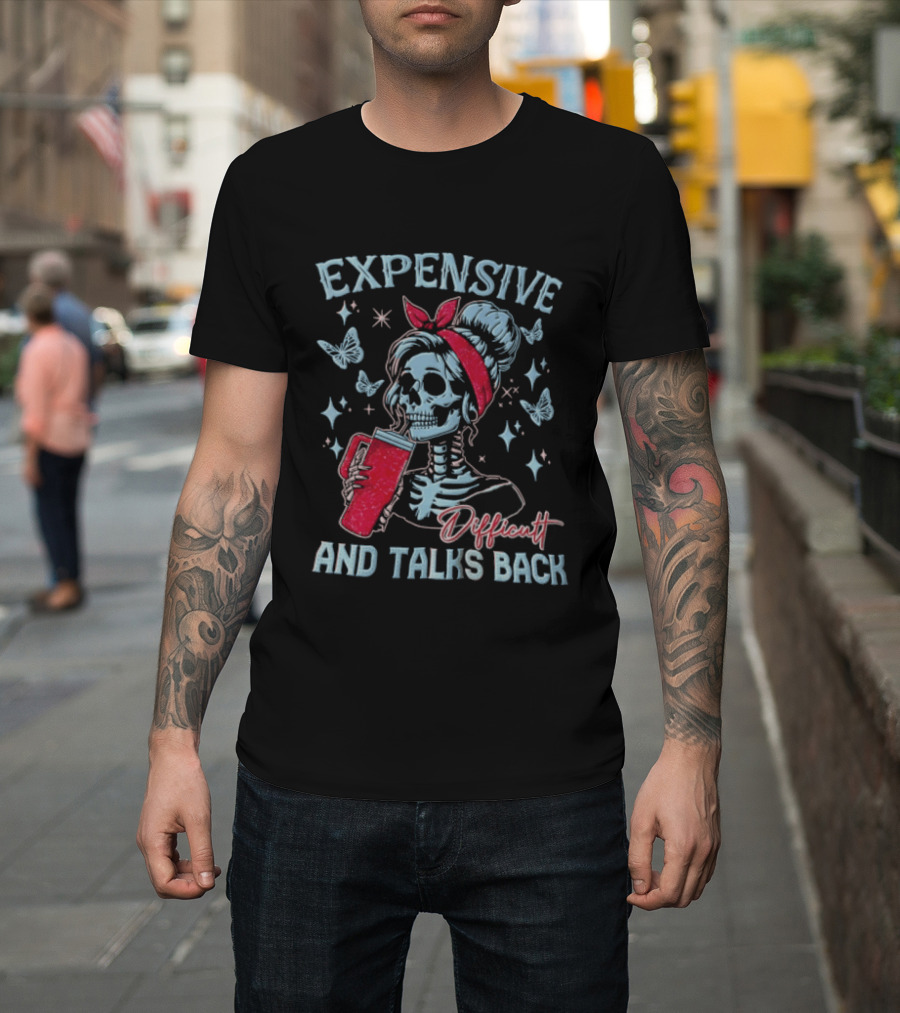 Expensive Difficult And Talks Back Skeleton With Glitter Tumbler Butterflies Stars Red Bandana T-Shirt