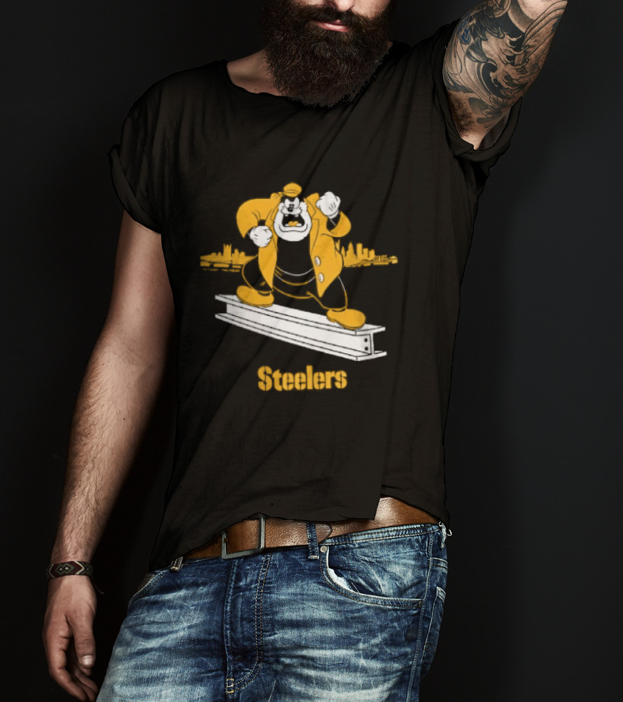 Pittsburgh Steelers Cartoon Pete On Steel Beam Cityscape T-Shirt