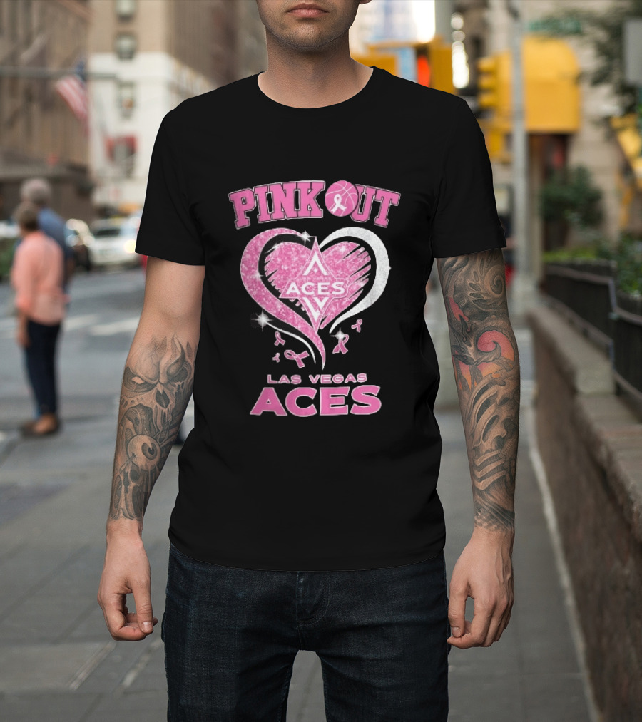 Las Vegas Aces Pink Out Glitter Heart Breast Cancer Awareness Ribbons WNBA T-Shirt
