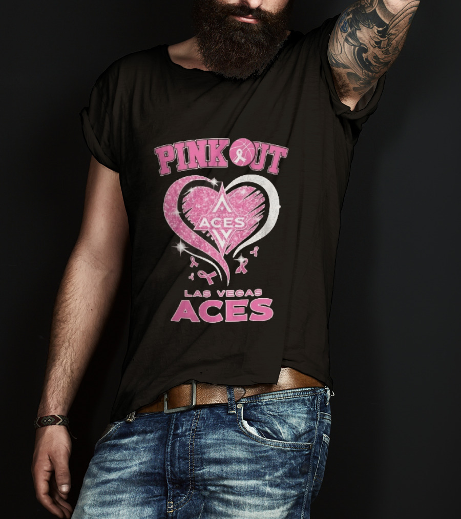 Las Vegas Aces Pink Out Glitter Heart Breast Cancer Awareness Ribbons WNBA T-Shirt