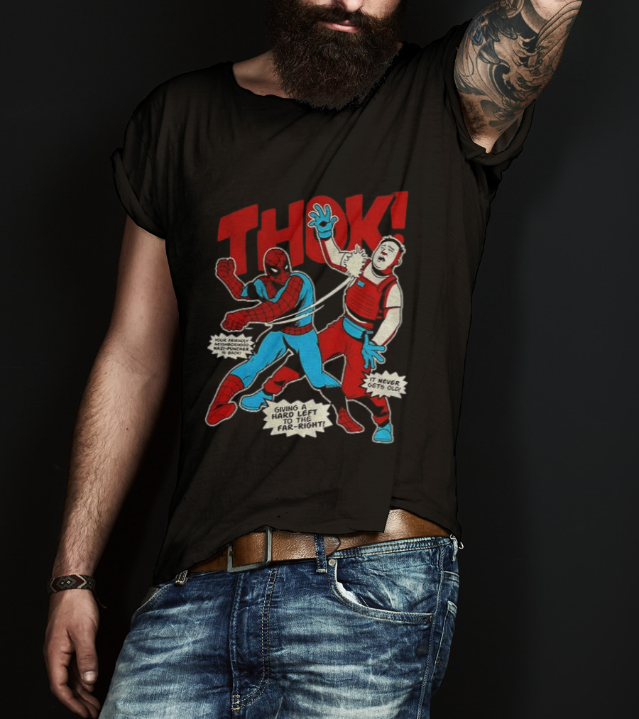 Spider Man Thok Giving A Hard Left To The Far Right Nazi Puncher Comic T-Shirt