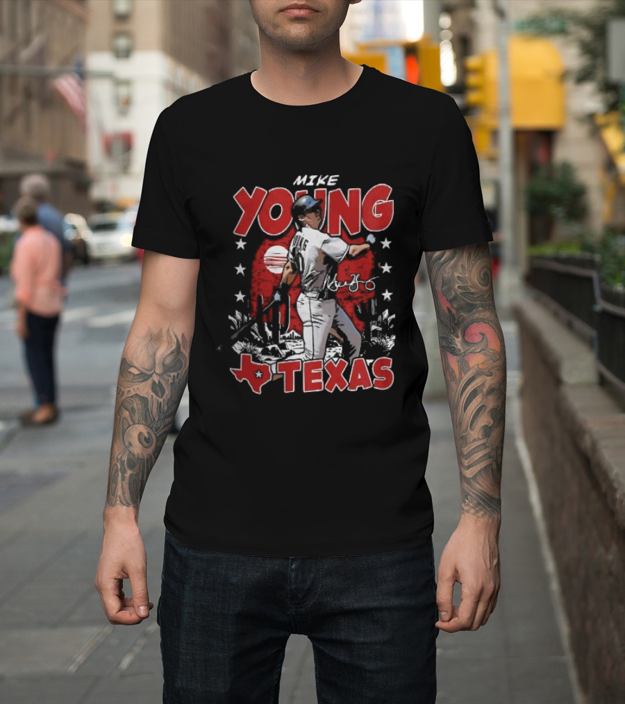 Texas Rangers MLB Mike Young Batting Cactus Red Sunset Stars T-Shirt