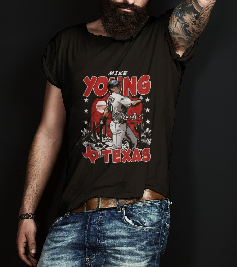 Texas Rangers MLB Mike Young Batting Cactus Red Sunset Stars T-Shirt