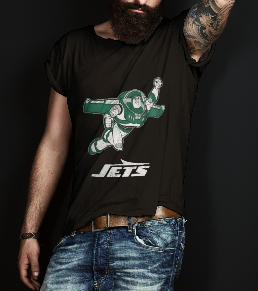 Buzz Lightyear Flying New York Jets Distressed Cartoon T-Shirt