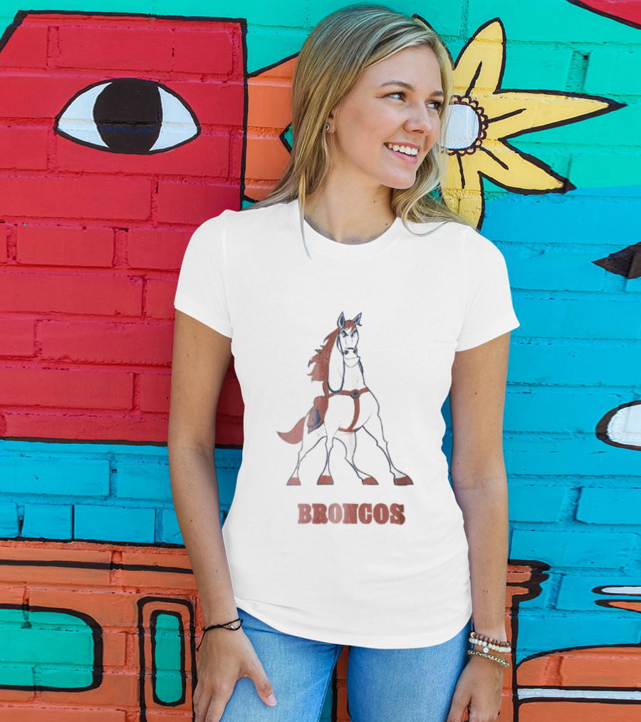 Denver Broncos Cartoon White Horse Orange Mane Harness Broncos T-Shirt