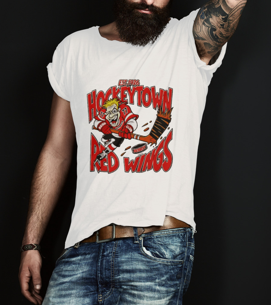 Detroit Red Wings Hockeytown Est. 1926 Vintage Cartoon Player With Flaming Hockey Stick T-Shirt