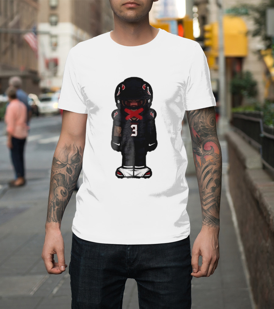 Houston Texans Cartoon Caricature Player Jersey Number 3 Red X Mouth T-Shirt