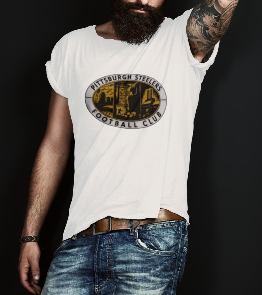 Pittsburgh Steelers Football Club Distressed Oval Emblem Cityscape T-Shirt