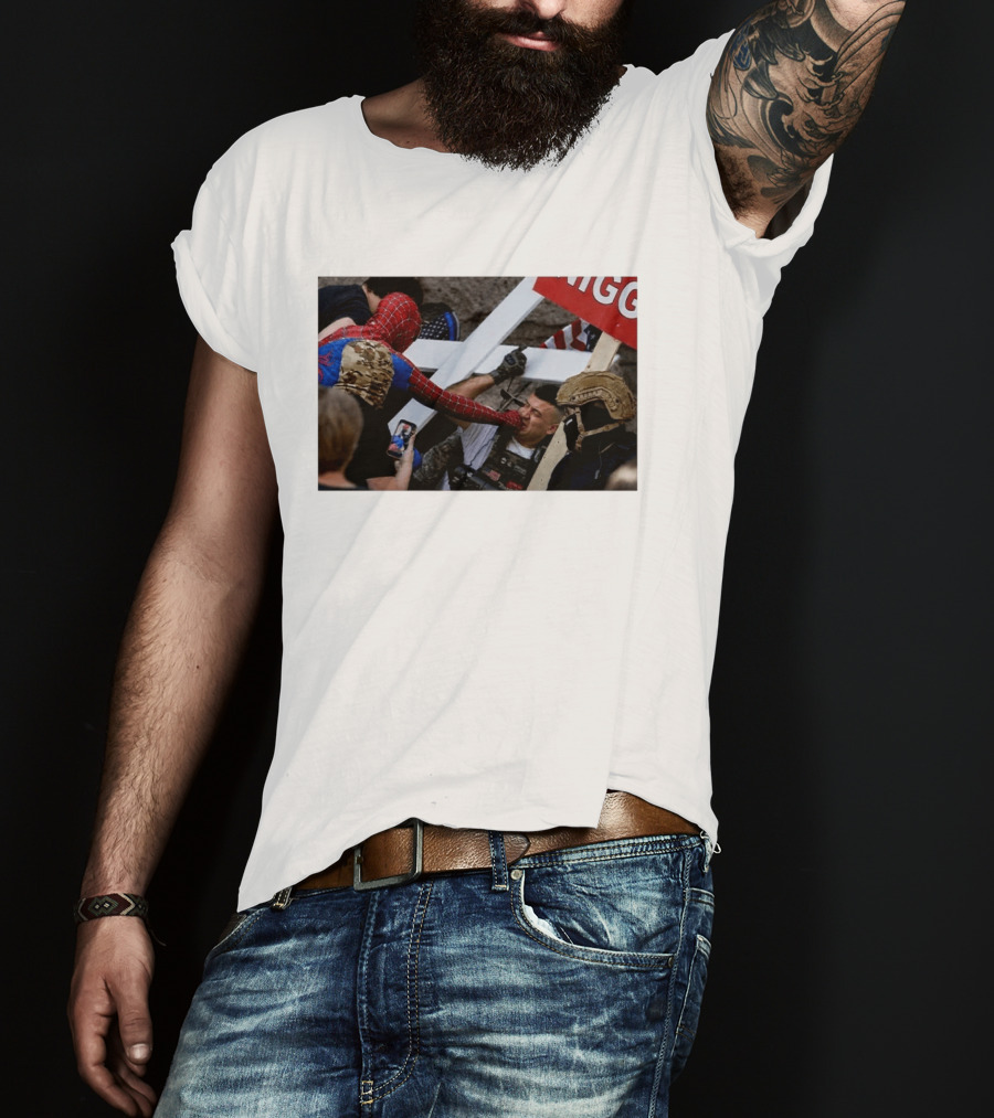 Spiderman Punch A Nazi Protest Scene With Cross And American Flag T-Shirt