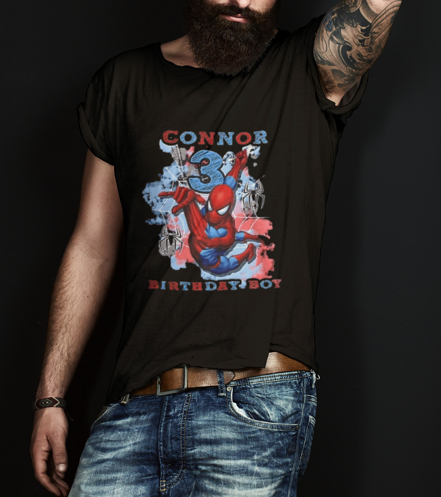 Connor 3 Birthday Boy Spider Man Web Slinging Cartoon T-Shirt