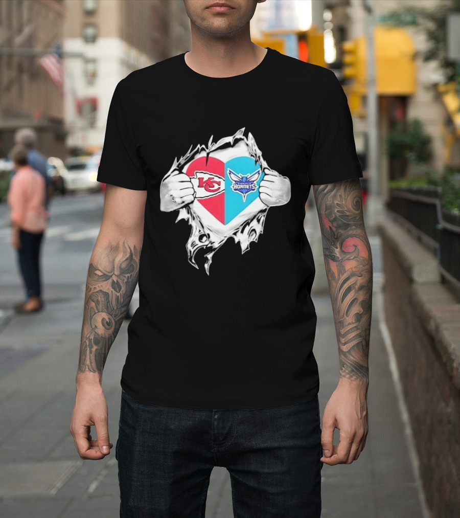 Kansas City Chiefs Charlotte Hornets Heart Hands Ripping Open T-Shirt