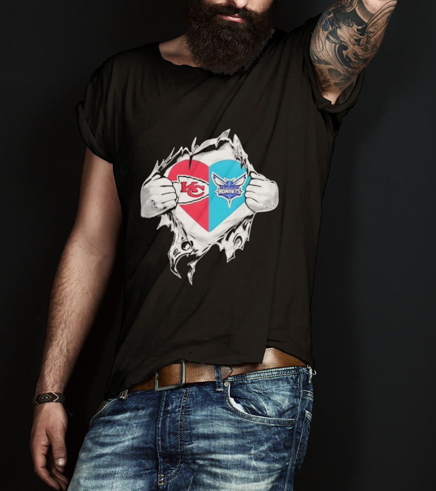 Kansas City Chiefs Charlotte Hornets Heart Hands Ripping Open T-Shirt