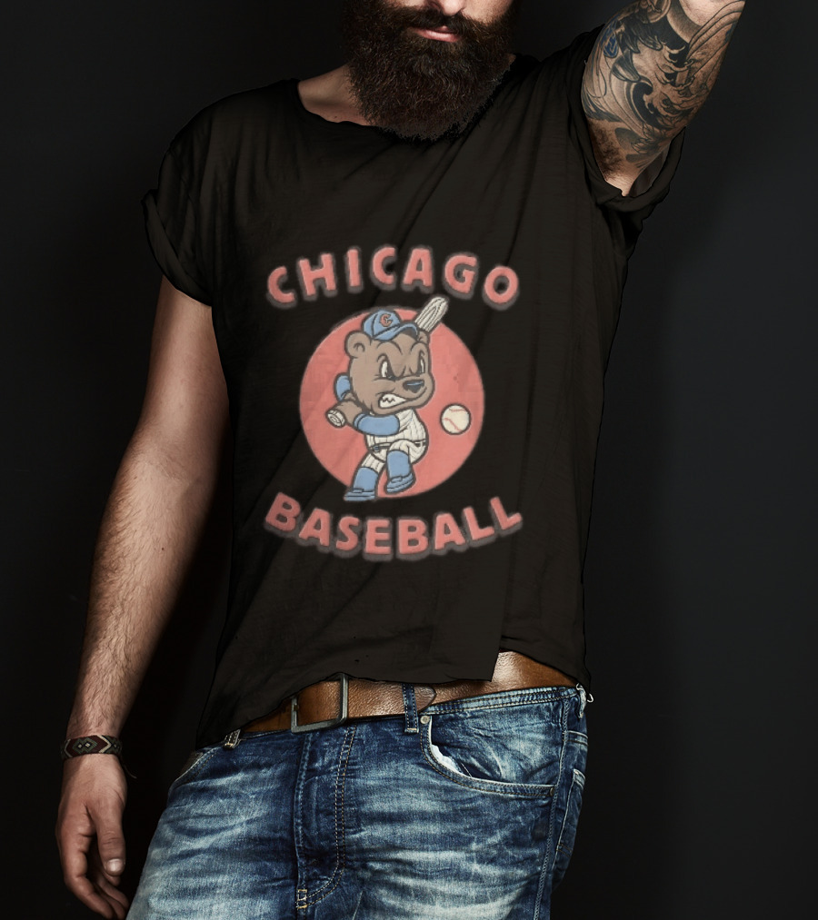 Chicago Cubs Baseball Bear Swinging Bat Cartoon T-Shirt