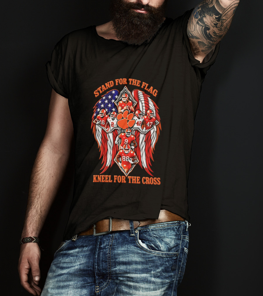 Clemson Tigers Stand For The Flag Kneel For The Cross 2026 American Flag Football Paw T-Shirt