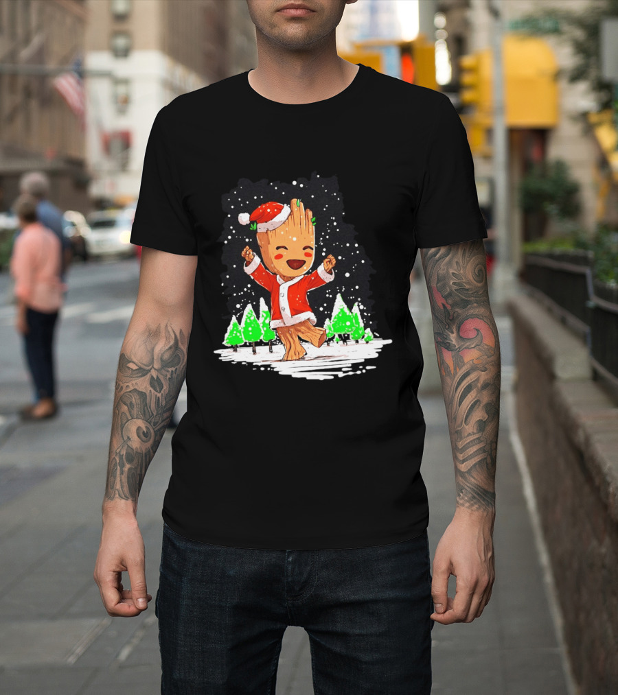 Dancing Santa Groot Christmas Trees Snow Scene T-Shirt
