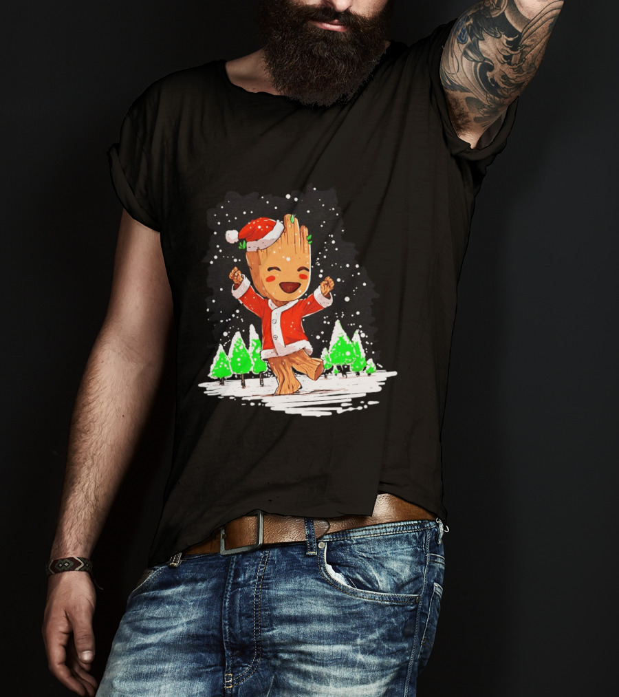 Dancing Santa Groot Christmas Trees Snow Scene T-Shirt