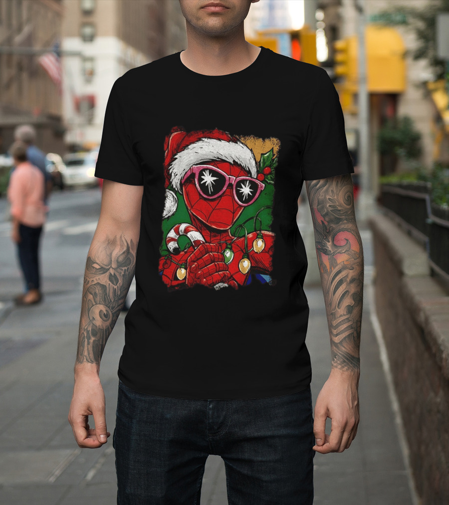 Marvel Spider Man Christmas Santa Candy Cane Festive Lights T-Shirt