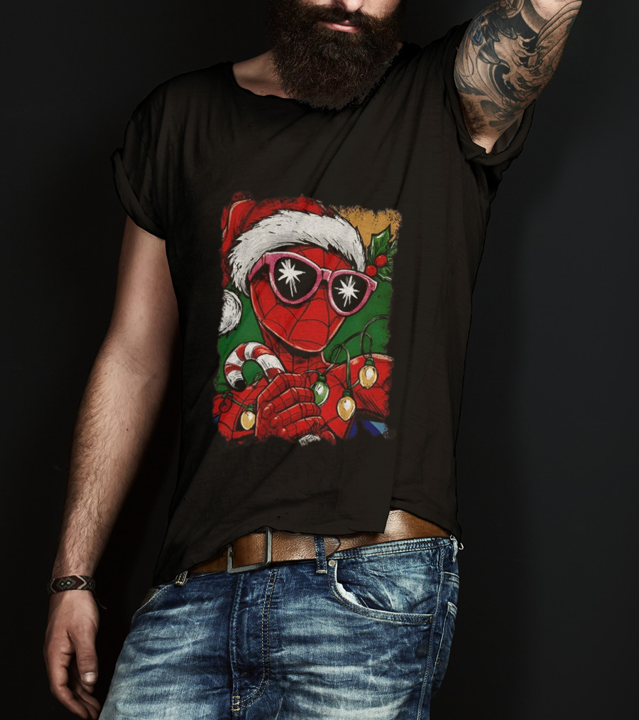 Marvel Spider Man Christmas Santa Candy Cane Festive Lights T-Shirt