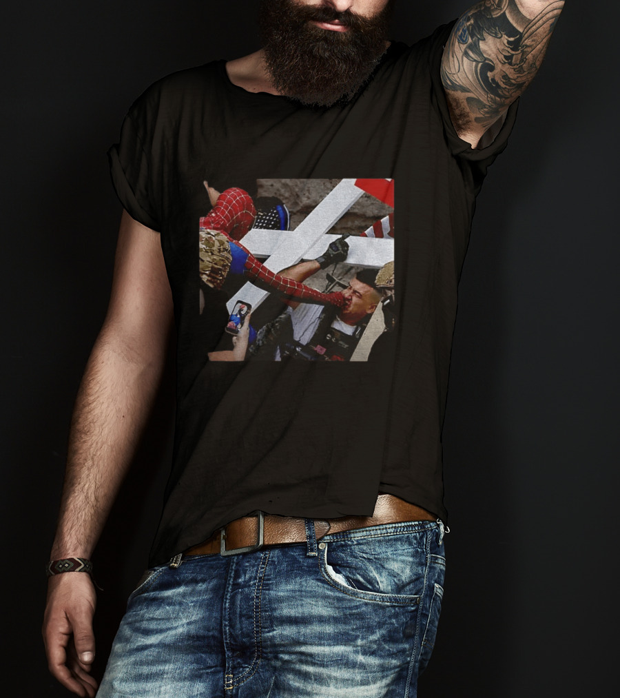 Minneapolis Spider Man Punching Protest Collage With American Flag And Cross T-Shirt