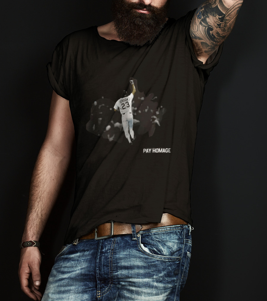 Pay Homage Gibson 23 Baseball Player Fist Pump Back View T-Shirt
