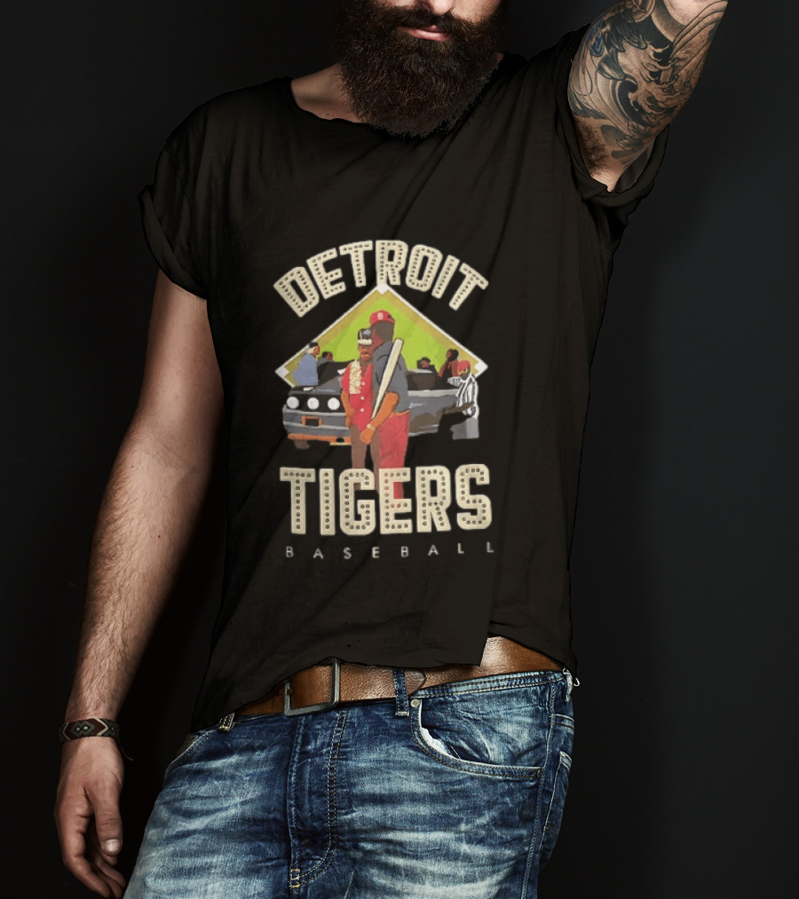 Detroit Tigers Baseball Figures Convertible Car And Bat Scene T-Shirt