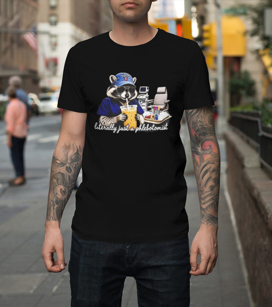 Raccoon Phlebotomist In Scrubs Sipping Drink With Blood Collection Tubes T-Shirt