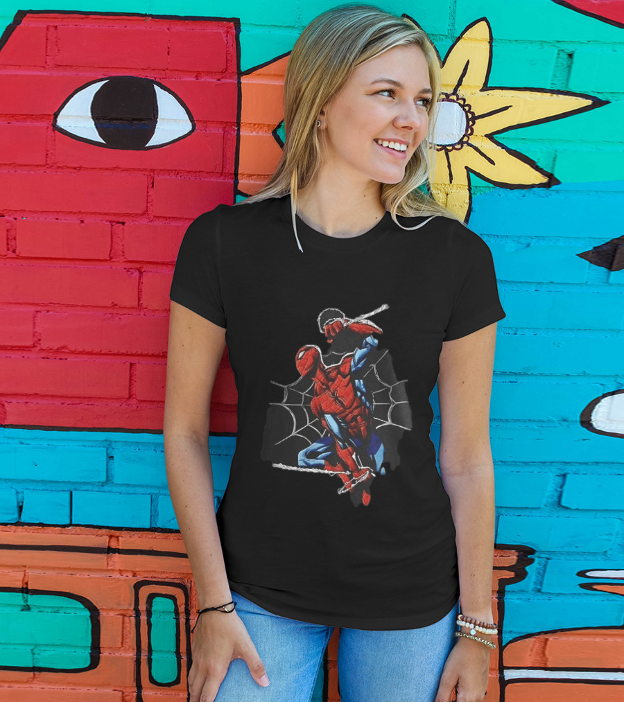 Spider Man Web Swinging Pose Comic Book Line Art Classic Marvel Superhero T-Shirt
