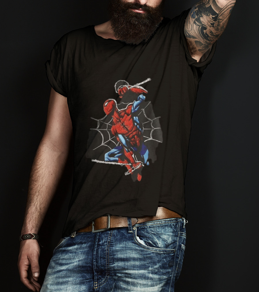 Spider Man Web Swinging Pose Comic Book Line Art Classic Marvel Superhero T-Shirt