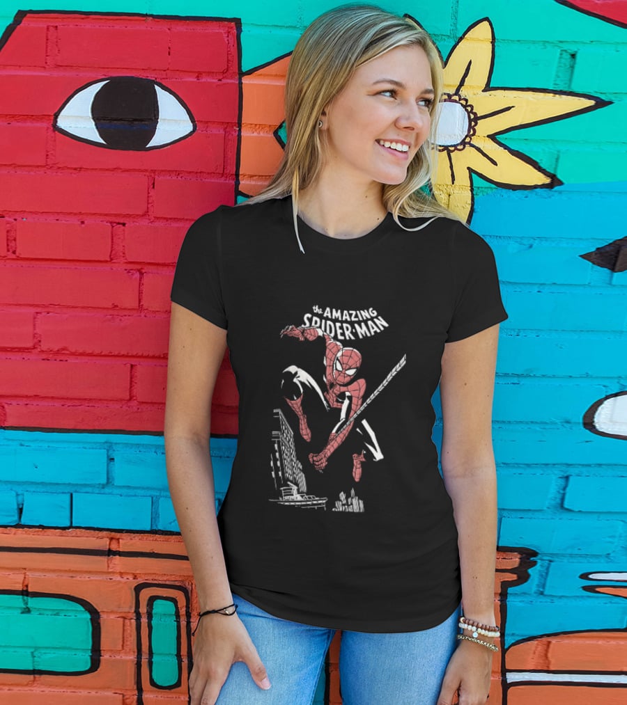 The Amazing Spider Man Swinging Above City Skyline T-Shirt