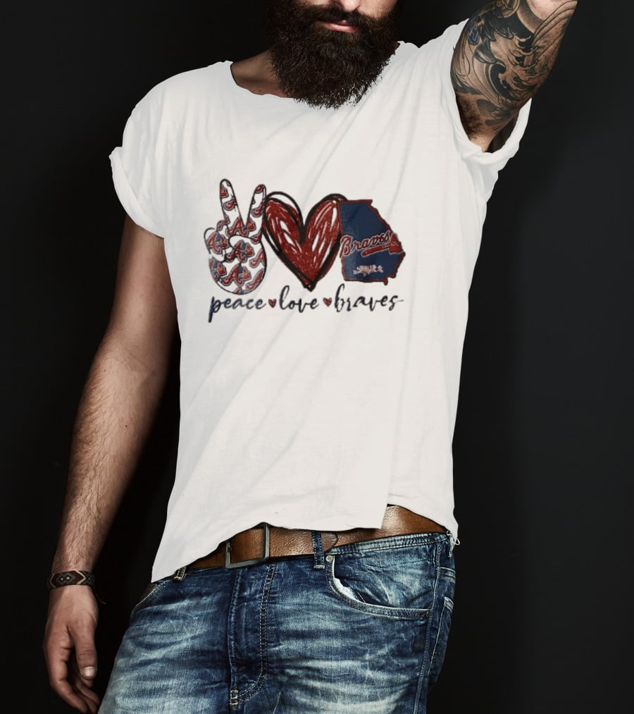 Peace Love Braves Hand Red Glitter Heart Georgia Map T-Shirt